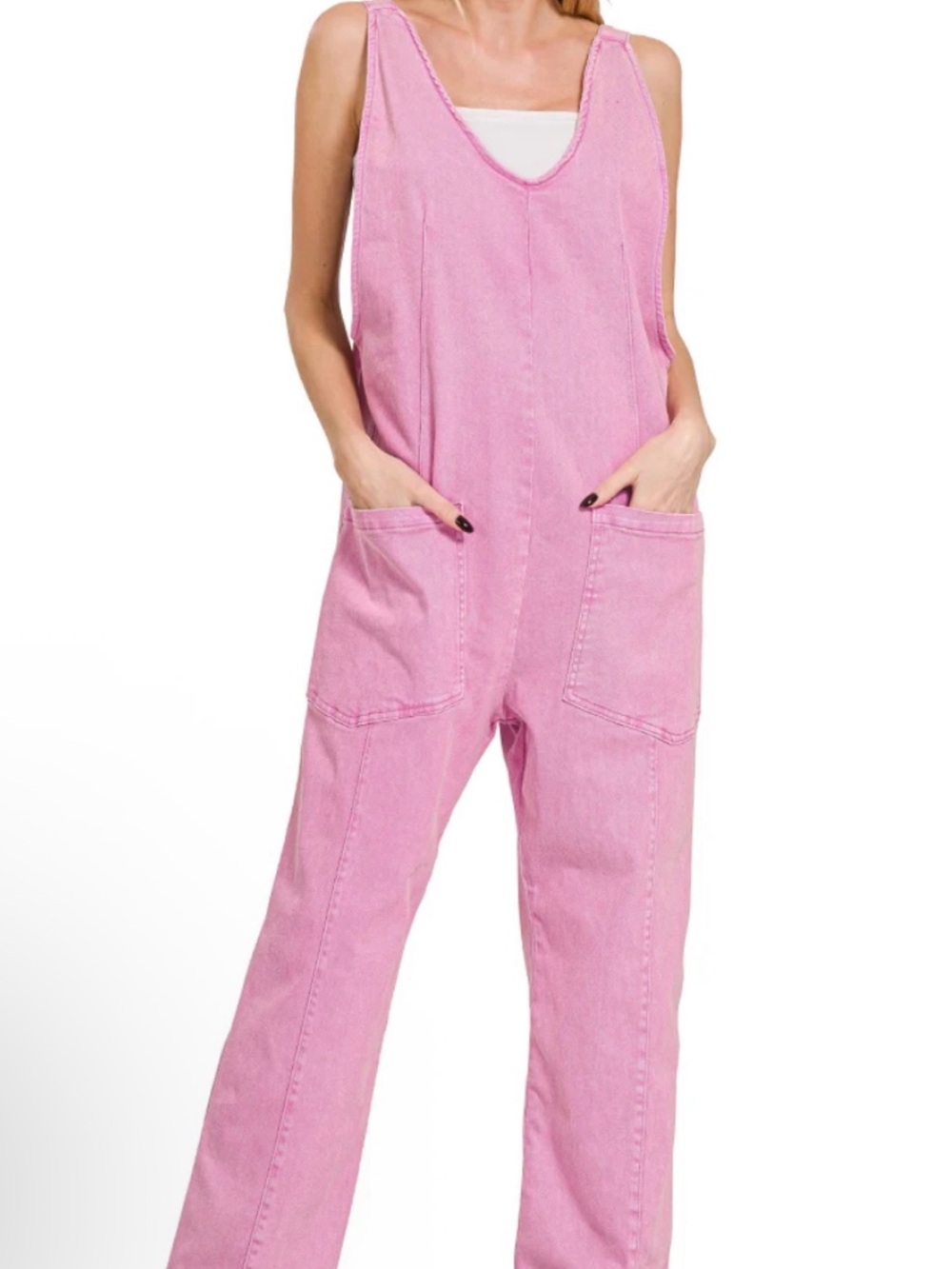 Zenana Pink Denim Overalls with Front Patch Pockets